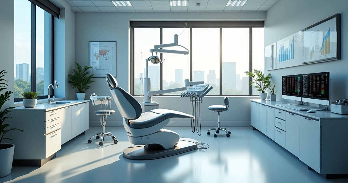 Consultório odontológico moderno com equipamentos e computadores