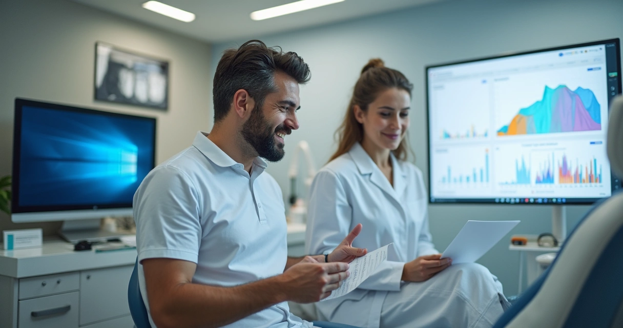 Consultório dentista com computador mostrando gráficos de crescimento