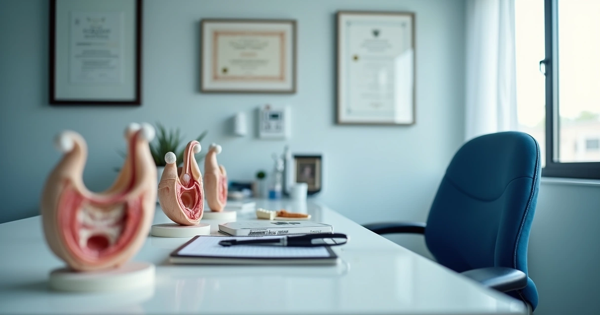 Detalhes de consultório de urologista com instrumentos médicos e diplomas 