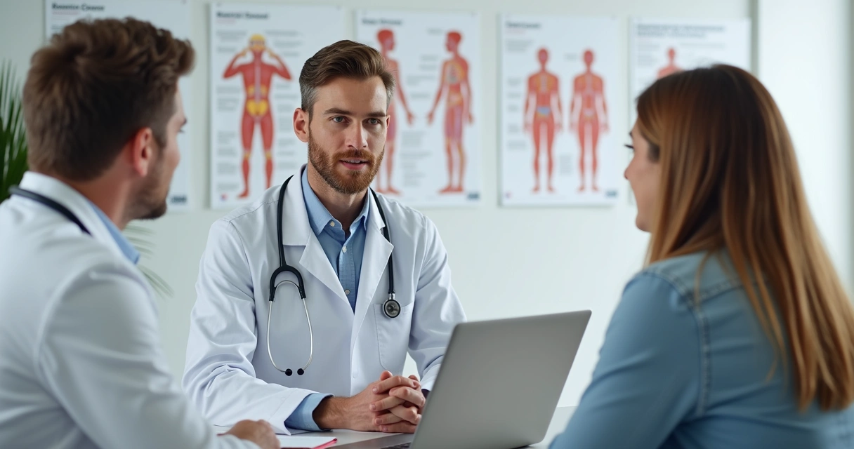 Consulta médica de casal falando com o médico