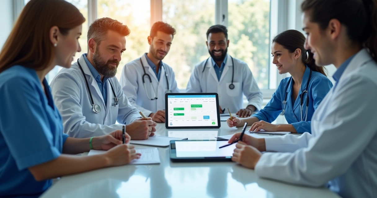 Equipe odontológica usando agenda digital em um tablet