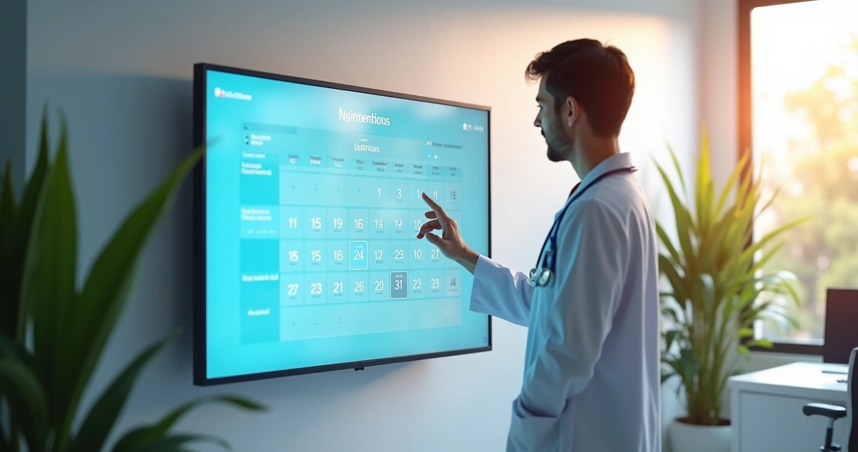 Consultório médico moderno exibindo tela de agendamento digital 