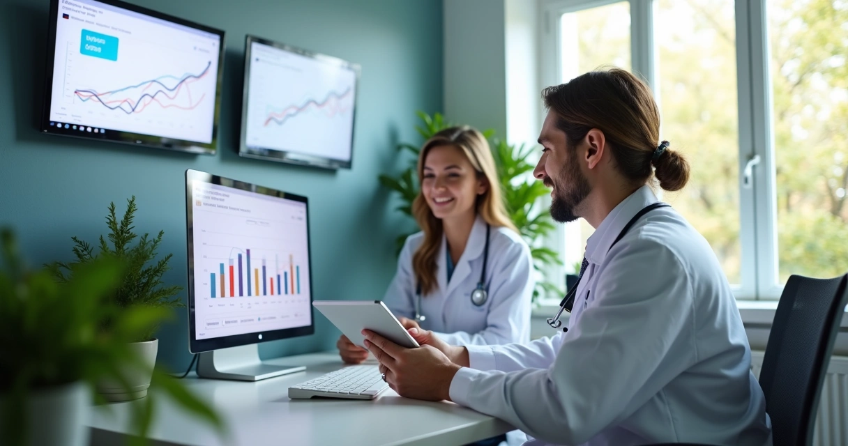 Consultório médico digital com gráficos e redes sociais na tela 