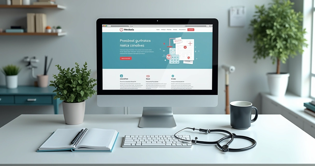 Mesa com computador e elementos médicos ao redor