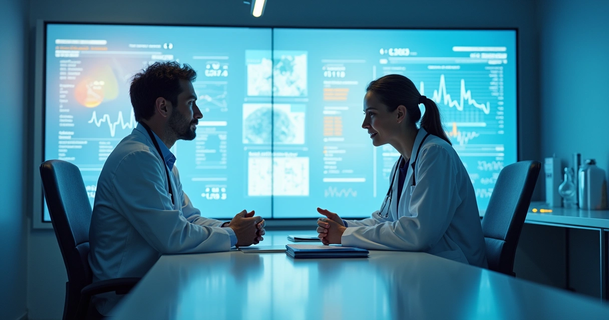 Consultório moderno com telas digitais exibindo dados médicos 