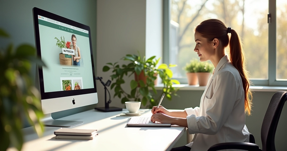 Consultório moderno com elementos digitais, computador e banner de nutricionista 