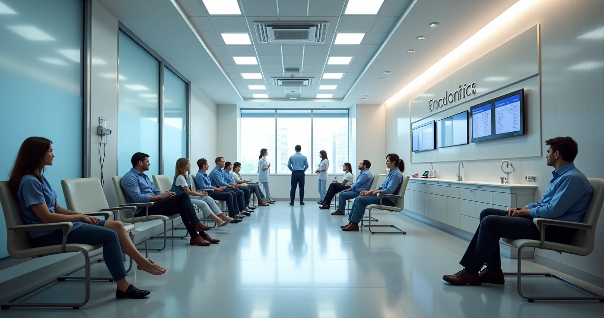 Consultório de endodontia moderno com vários pacientes aguardando