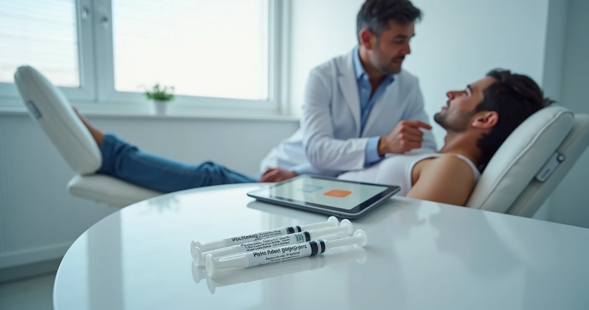 Consultório de especialista em preenchimento peniano com instrumentos clínicos sobre a mesa 