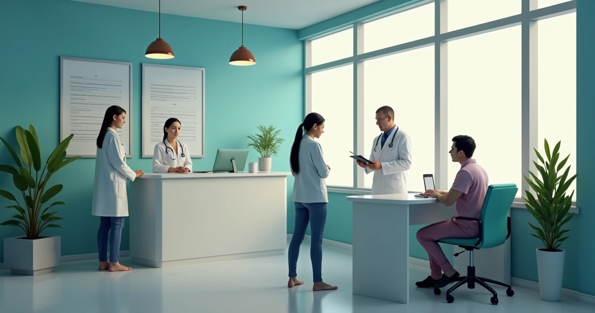 Consultórios médicos e pacientes interagindo nas etapas do funil 