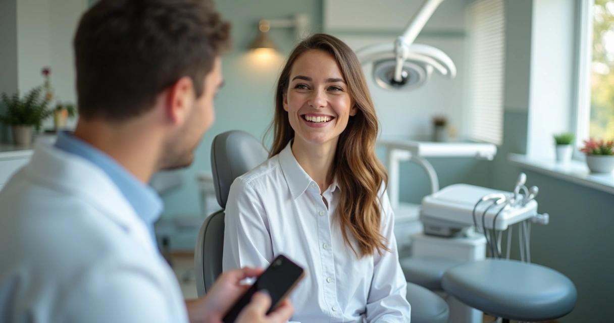 Paciente sorrindo em consultório durante gravação 
