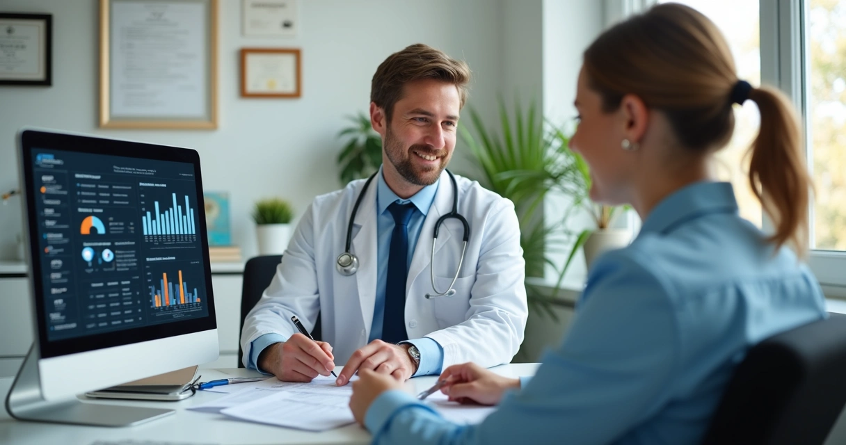 Consultório moderno com documentos digitais na tela 