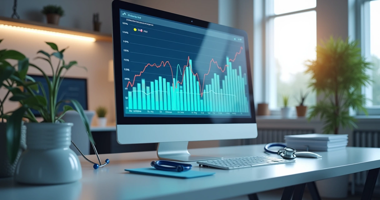 Consultório médico moderno com tela mostrando fluxo de caixa 