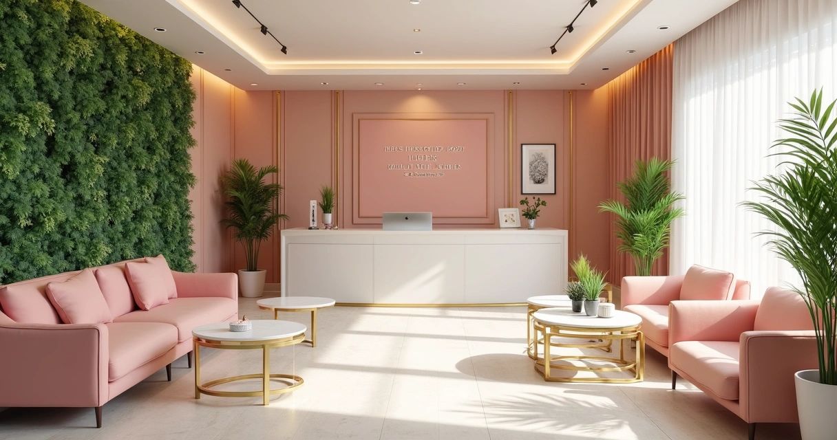 Ambiente de clínica de estética em tons pastel, moderno, com toques dourados e vegetação 