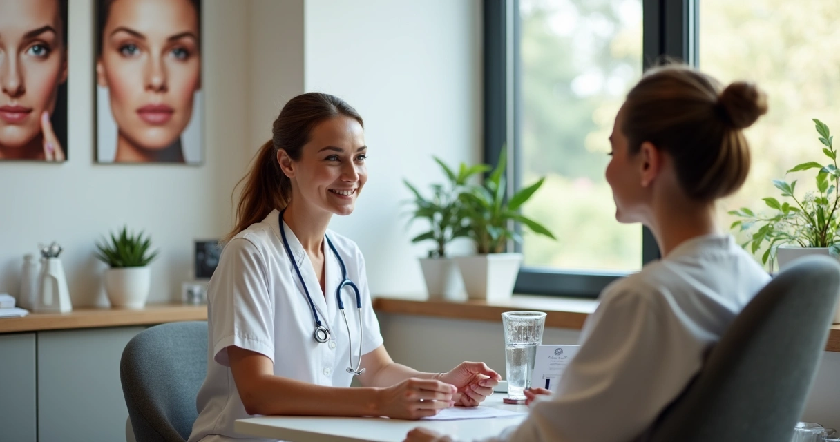 Consulta de harmonização facial com médica e paciente em ambiente moderno 