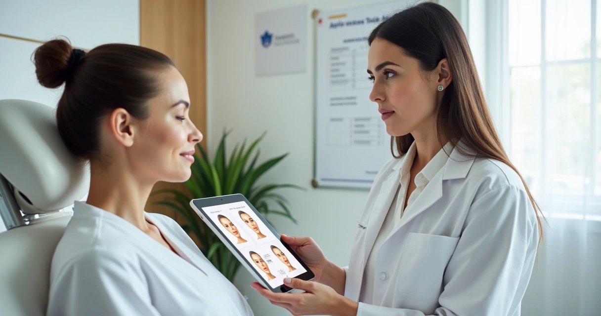 Atendimento em clínica de harmonização facial com paciente recebendo avaliação de pele 