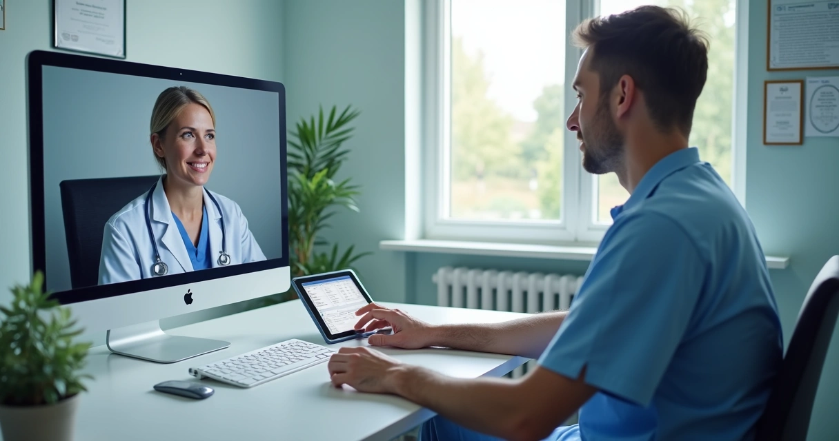 Consultório médico moderno com equipamentos para telemedicina e paciente conversando com o médico por chamada de vídeo.