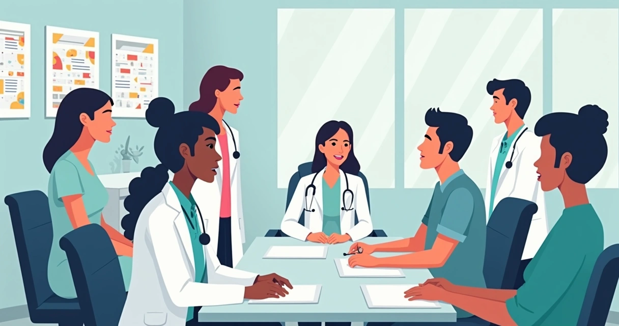 Profilaxia e vacinação para prevenir infecções oportunistas no HIV 3 Profissionais de saúde e paciente discutindo vacinação em consultório, todos perfilados e olhando para papéis