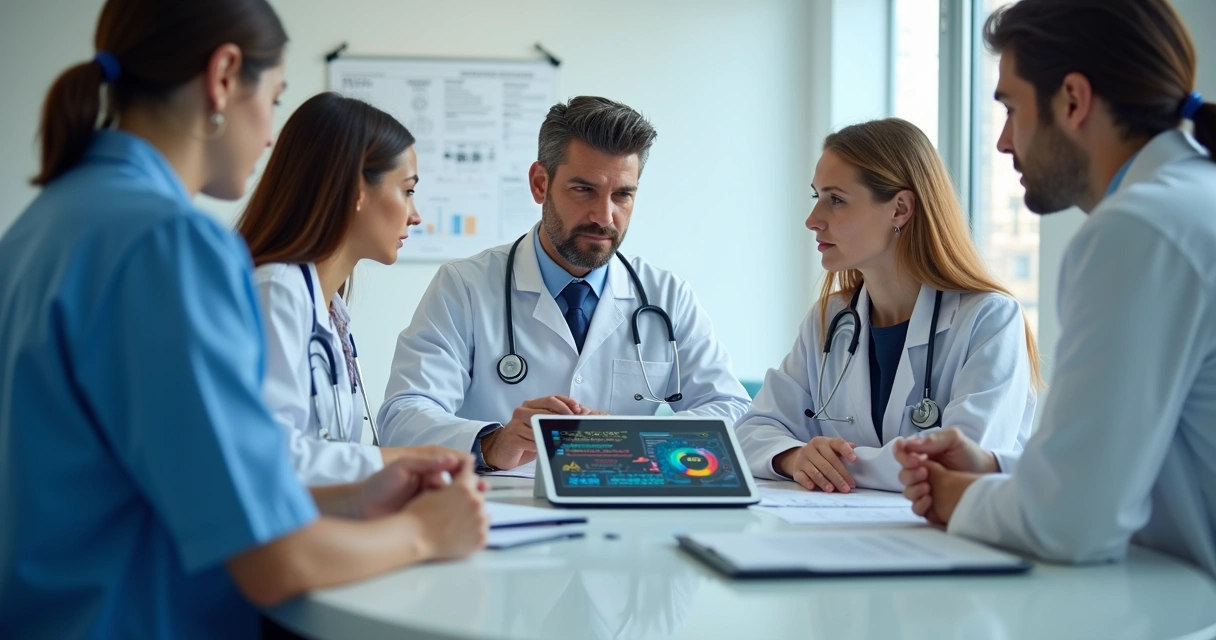 Equipe médica reunida em consultório com tablet mostrando gráficos digitais 