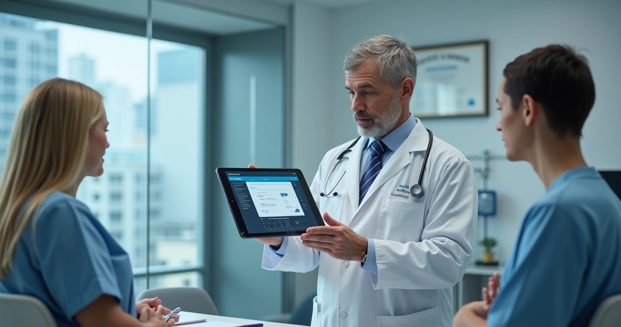 Consulta médica moderna com IA auxiliando o atendimento 