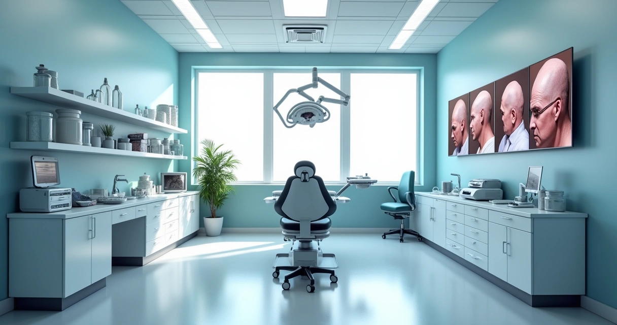 Sala de clínica de implante capilar moderna com equipamentos médicos e cadeira cirúrgica 