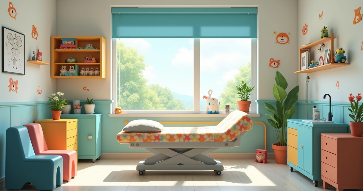 Consultório infantil decorado com brinquedos e móveis coloridos 