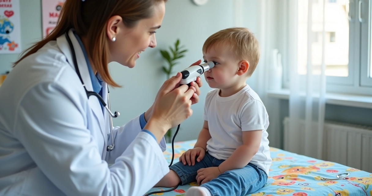 Pediatra examinando ouvido de menino 