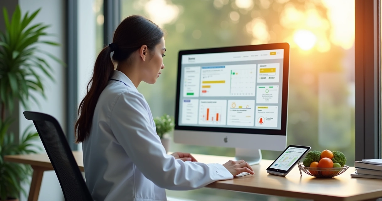 Profissional de saúde usando sistema integrado com prontuário eletrônico na tela 