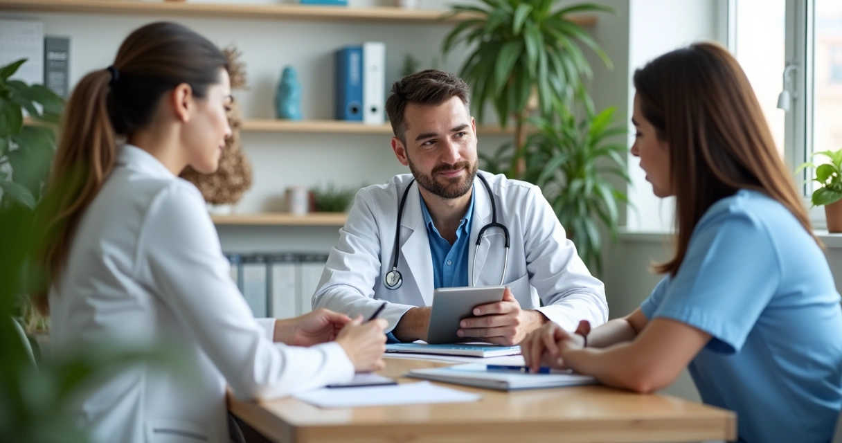 Uma equipe multiprofissional atendendo paciente em consultório moderno 