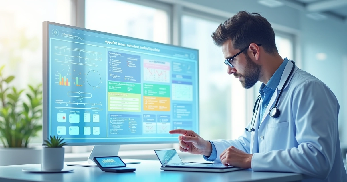 Sala de consultório com telas digitais exibindo agendas médicas e gráficos 