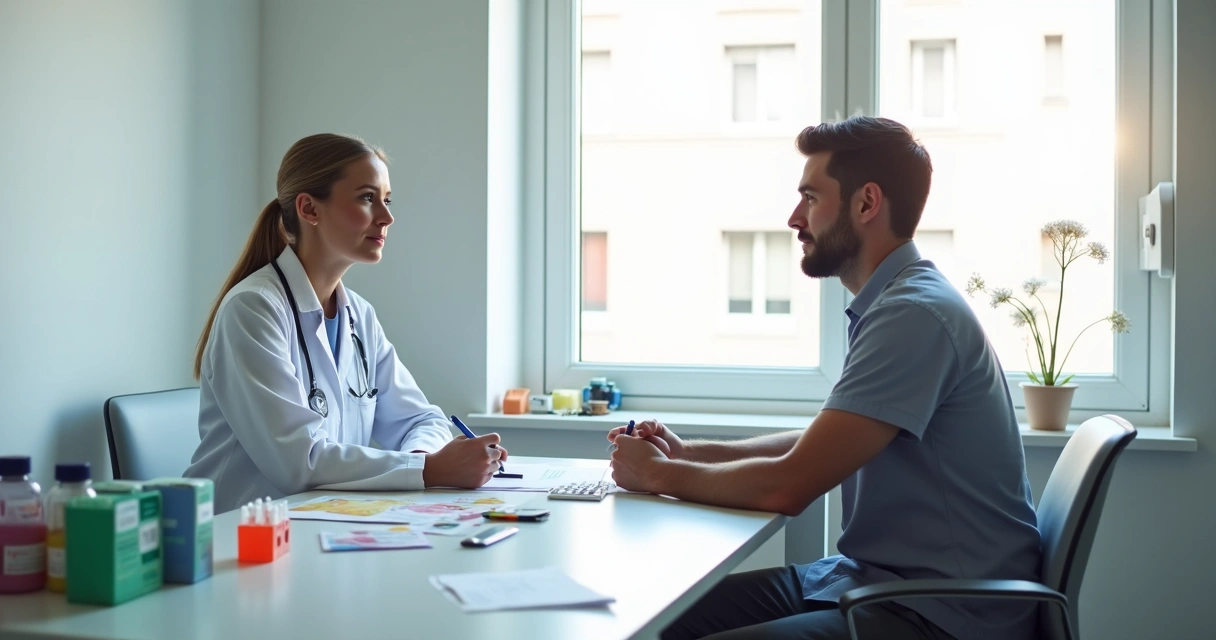 Médico conversando com paciente em consultório moderno com materiais de testagem e folders informativos sobre ISTs e PrEP sobre a mesa.