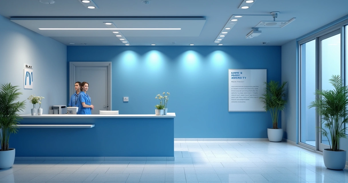 Recepção de clínica médica com identidade visual personalizada, tons azuis e detalhes do logotipo 