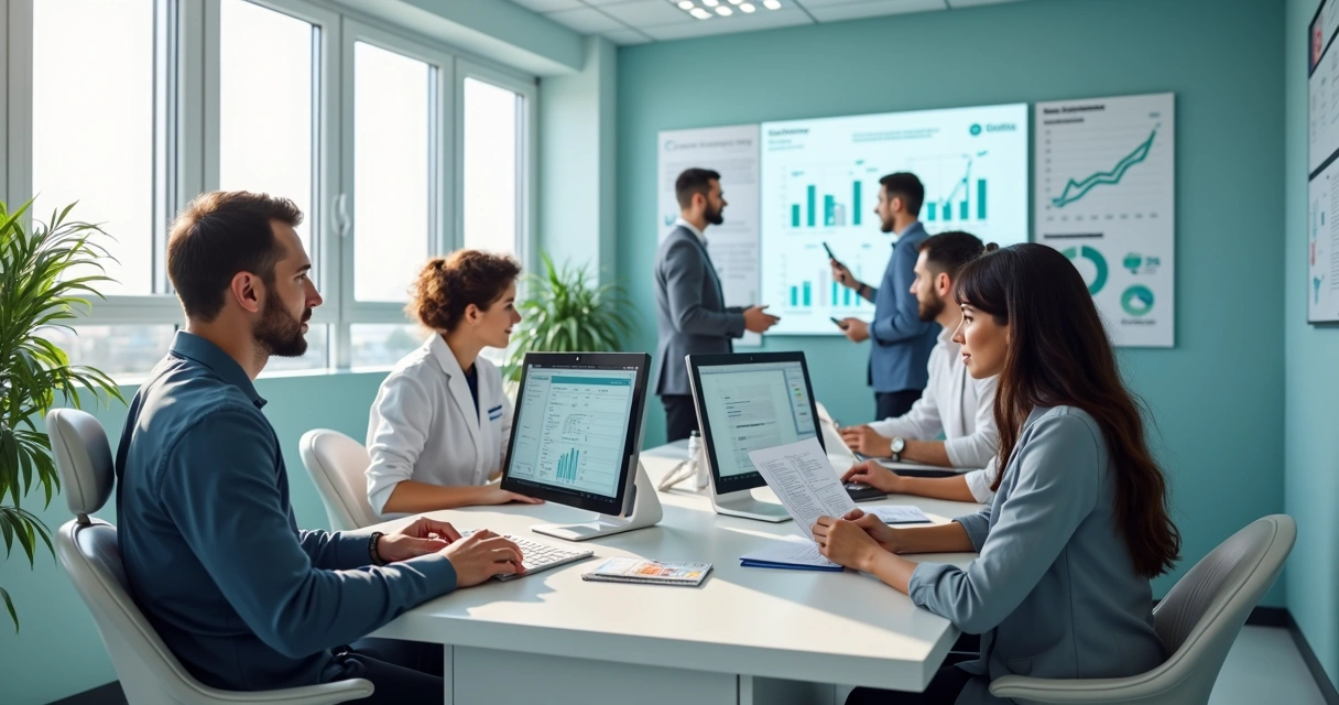 Equipe de profissionais reunida em consultório odontológico com computadores e gráficos digitais na tela 