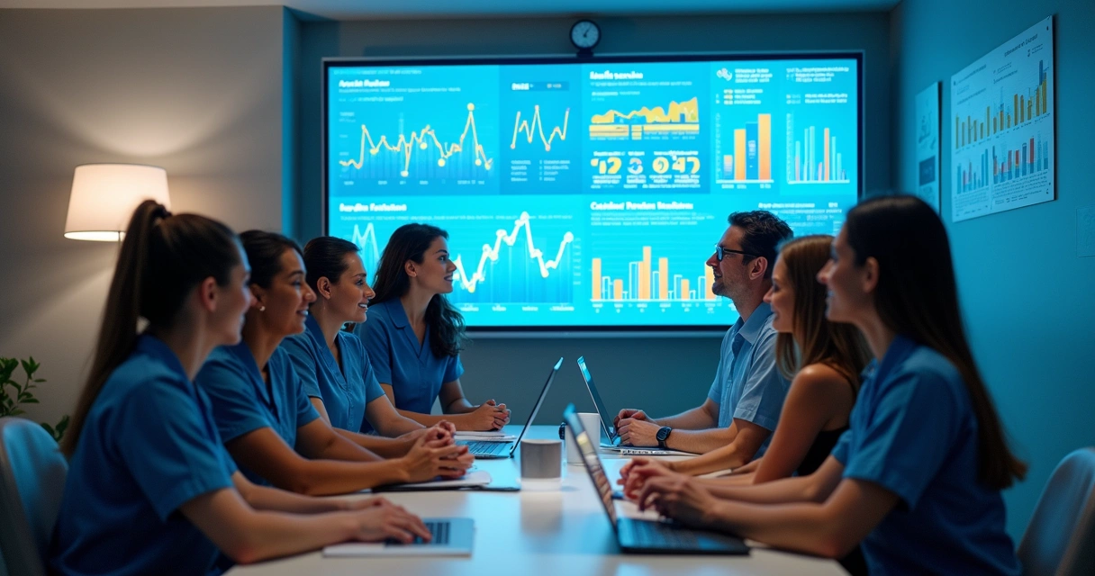 Equipe médica e administrativa analisando gráficos de marketing digital em consultório moderno 
