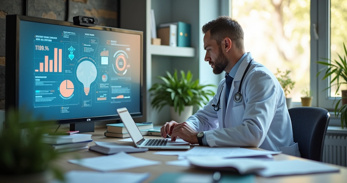 Consultório médico moderno com materiais de marketing visualizados na tela de computador 