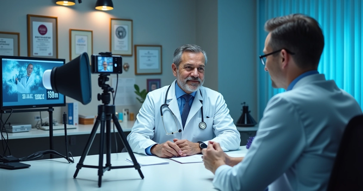 Consultório moderno com médico produzindo conteúdo digital em mesa de trabalho 