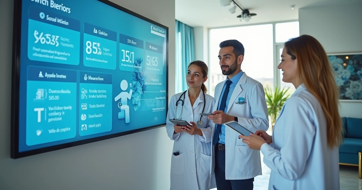 Consultório médico moderno atendendo paciente digitalmente 