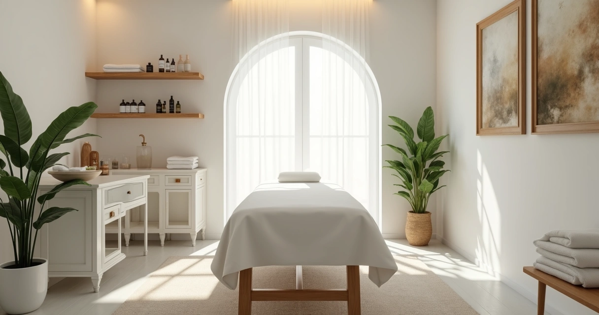 Consultório de massoterapia com maca branca e decoração minimalista 