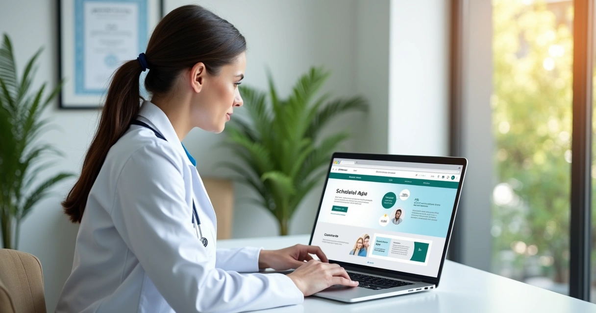 Médico usando notebook no consultório com site aberto na tela 