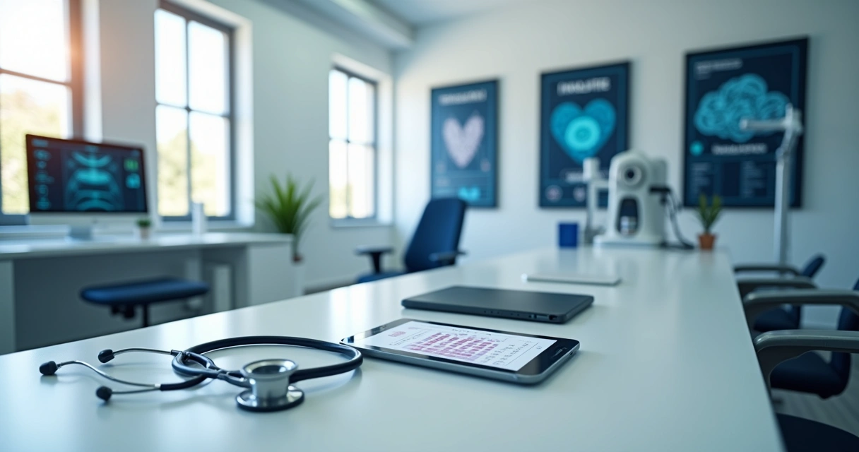 Consultório médico moderno com equipamentos digitais na mesa 