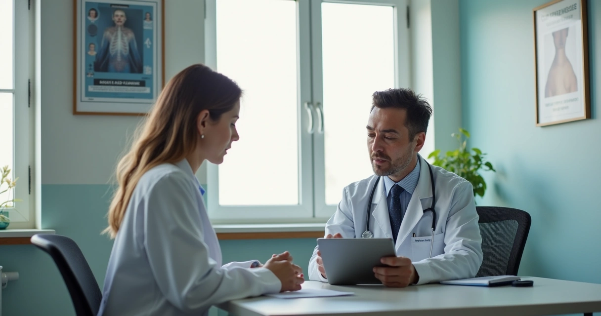 Consultório médico de oncologia com paciente e doutor discutindo exames 