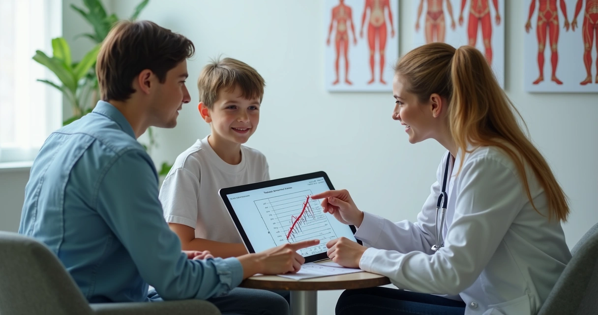 Consultório médico com adolescente e mãe conversando com médica 