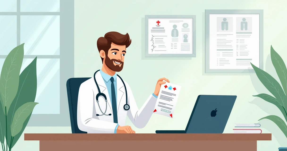 Paciente sentado em consultório médico recebendo um atestado de afastamento 