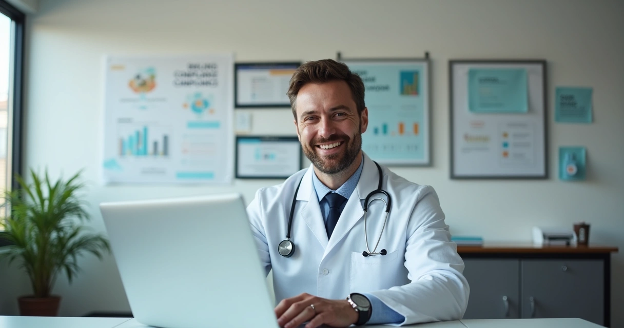 Consultório médico moderno com médico usando notebook para campanhas digitais 