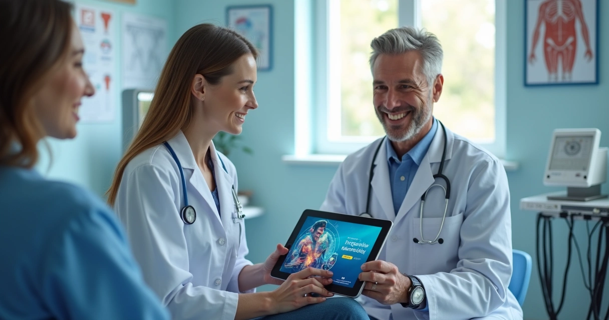 Médico usando tablet mostrando anúncio digital a paciente em consultório moderno 