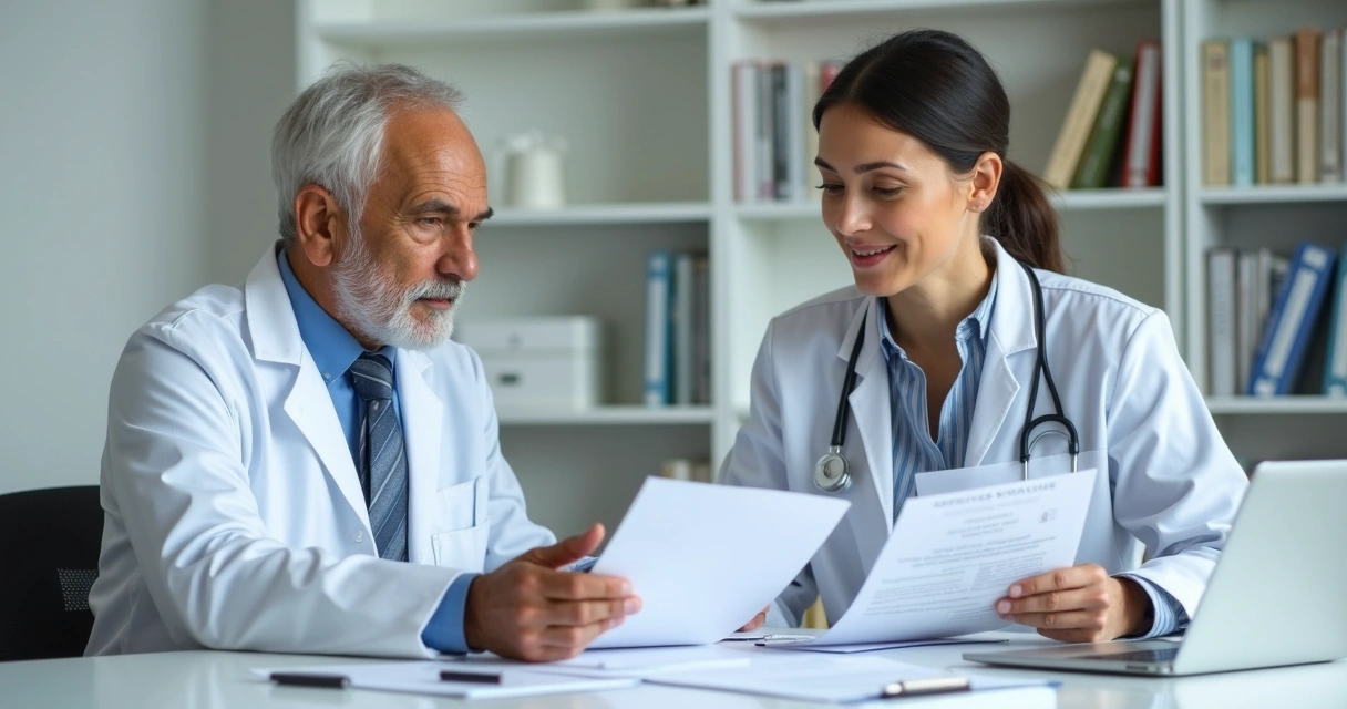 Consulta médica para aposentadoria INSS, paciente recebendo explicação do médico em sala branca, papéis e computador na mesa. 