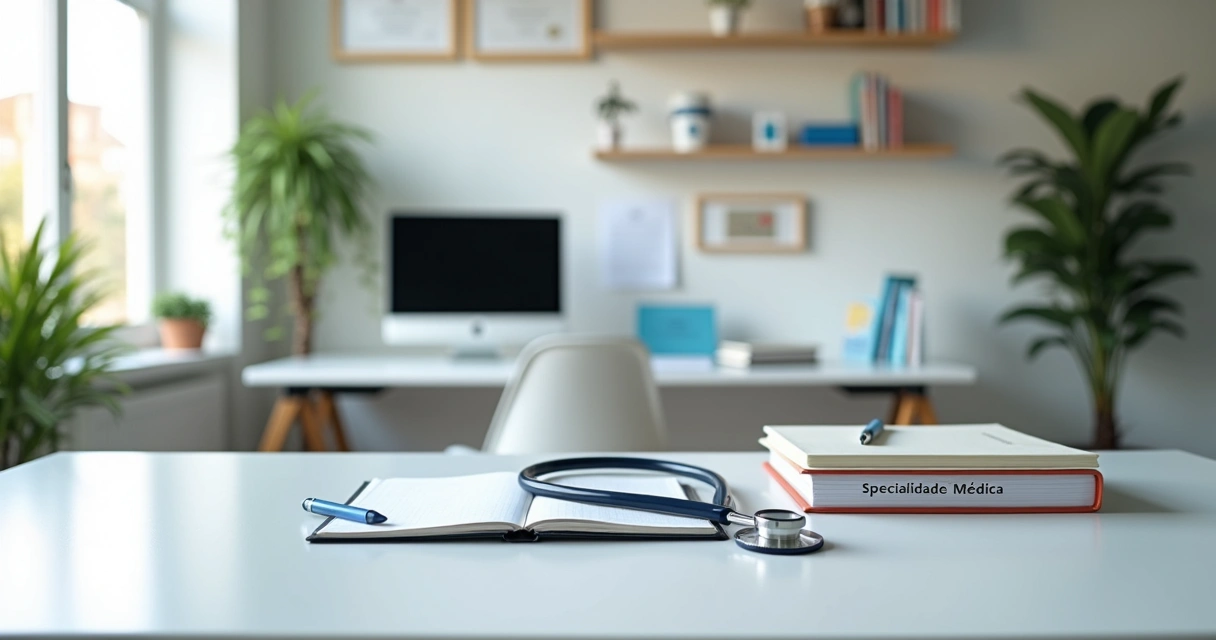 Consultório médico moderno com equipamentos e computador em destaque 