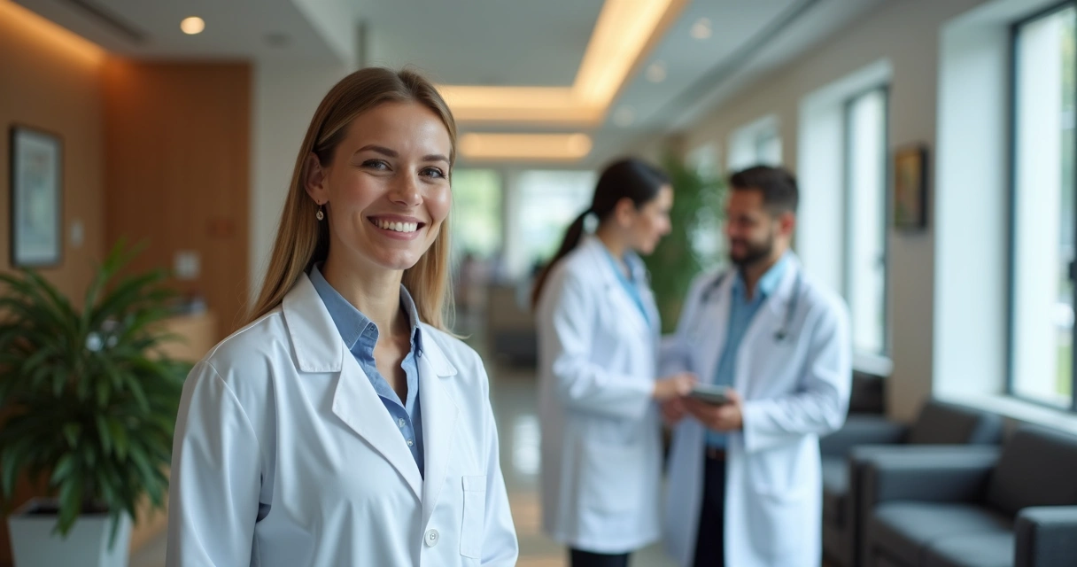 Recepção de clínica atendendo paciente com sorriso, médicos ao fundo 