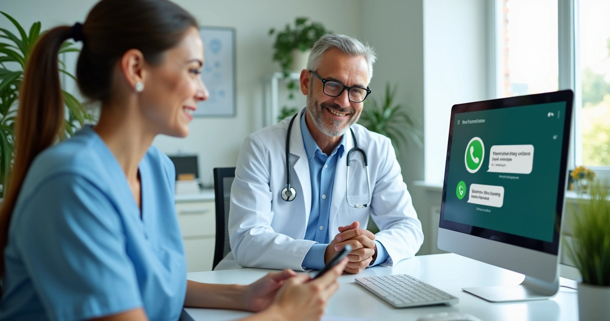 Atendimento médico sendo realizado via WhatsApp em consultório