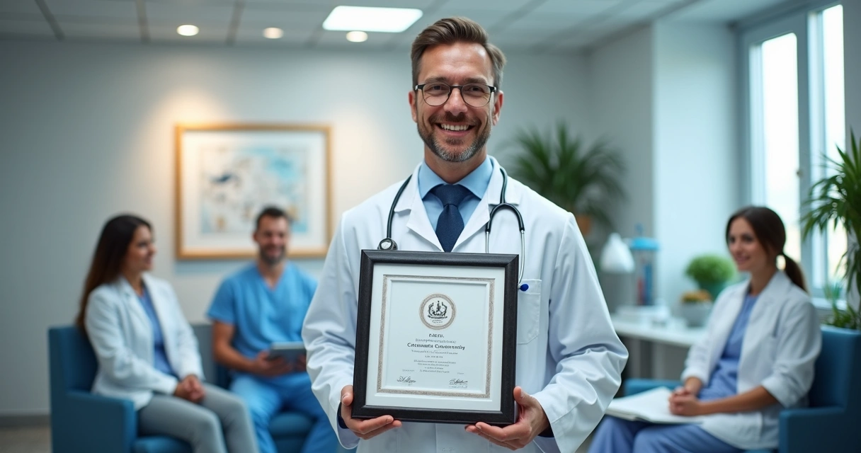 Consultório moderno, médico apresentando diploma e CRM em quadro, pacientes e equipe admirados 