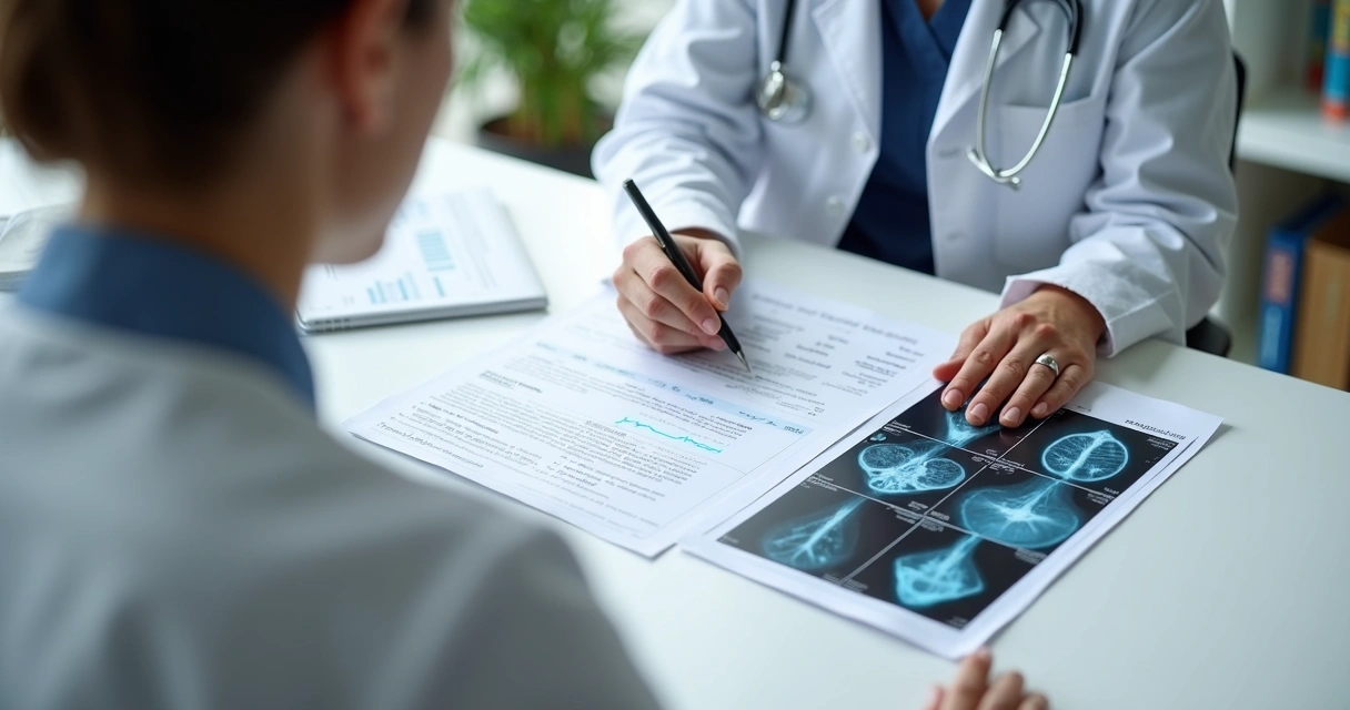 Consulta médica para câncer com exames sobre a mesa 